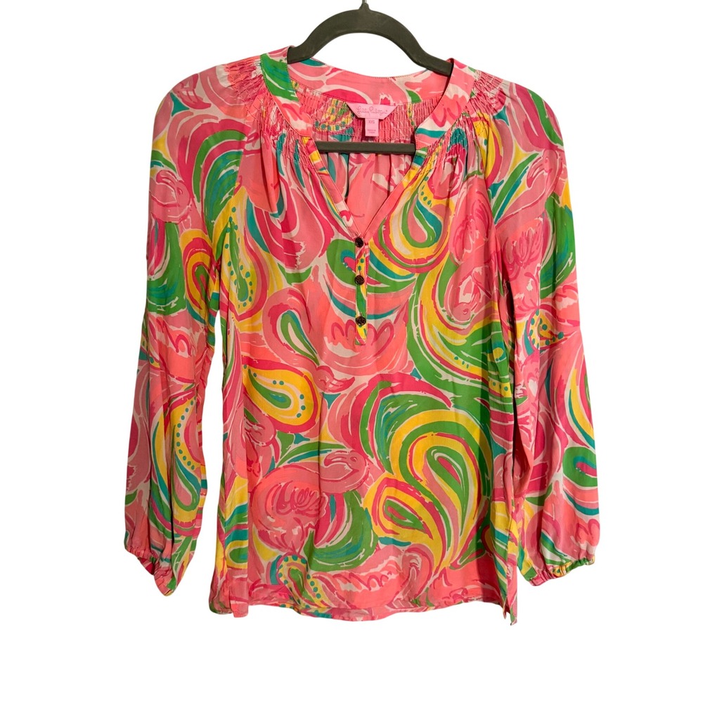 Lilly Pulitzer Elsa Silk Blouse XXS Flamenco Pink Green Abstract Paisley Top